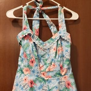 Blue floral and tiki dress